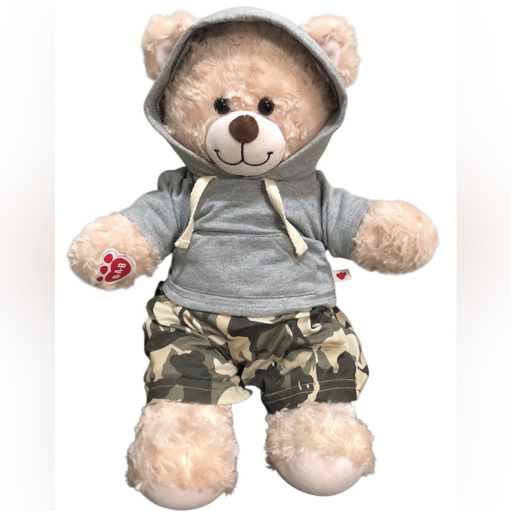 Build A Bear Tan /Beige Cuddly Teddy Bear in Gray Hoodie and Camouflage Shorts.